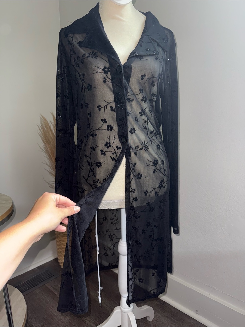 Breaking’ Loose Sheer Black Floral Embroidered Long Cardigan